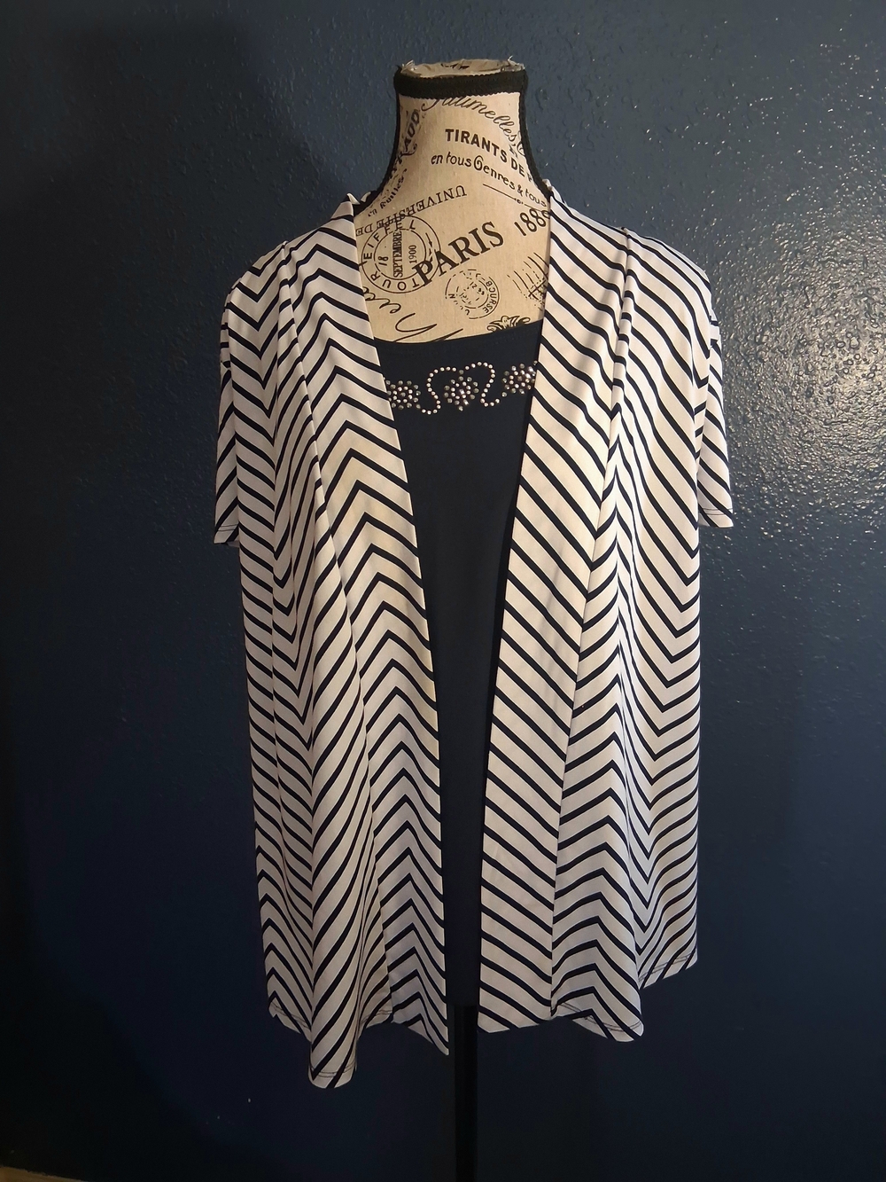 Liz McCoy Womens Navy and White Chevron Mock Layered Top L